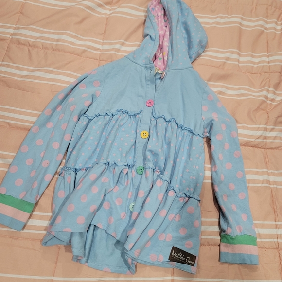 Matilda Jane hooded cardigan coat jacket Size 12 blue polka dots - Picture 2 of 5